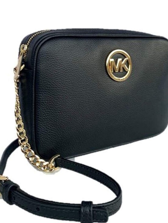 Michael Kors Handbags - MICHAEL KORS Women's Fulton LG EW Crossbody Bag Purse Black Leather Gold MK Logo